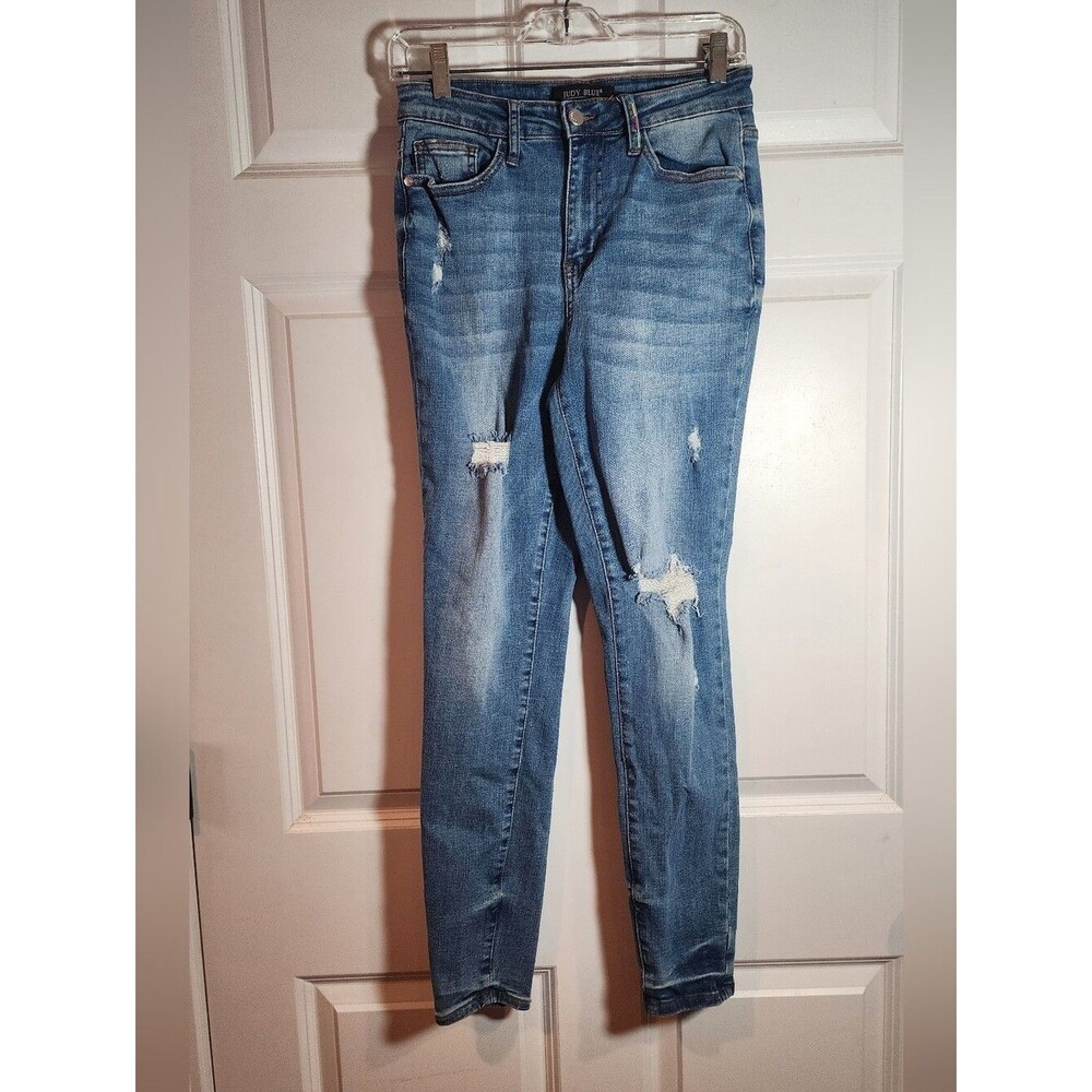 Judy Blue Skinny High Rise Distressed Jeans Colorful Thred Accent Size 5/27